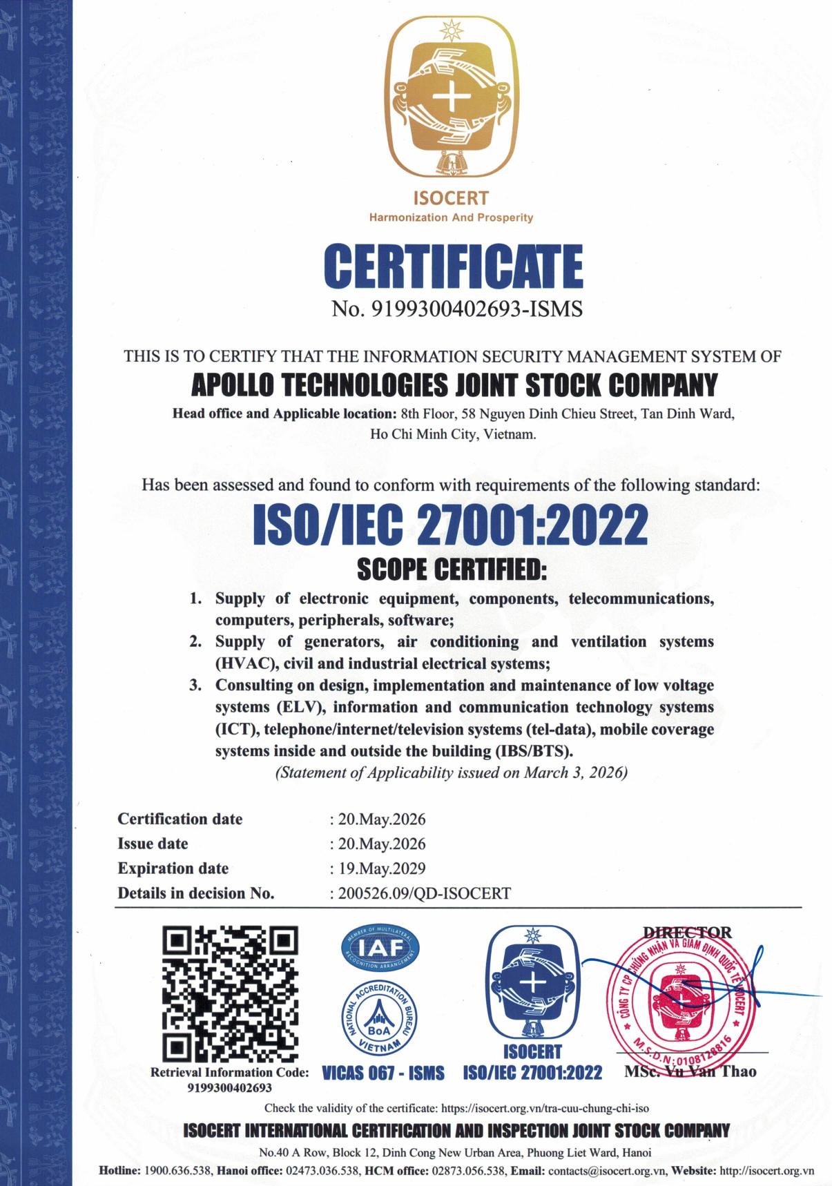 ISO 27001:2022 Certificate - Apollo Technologies