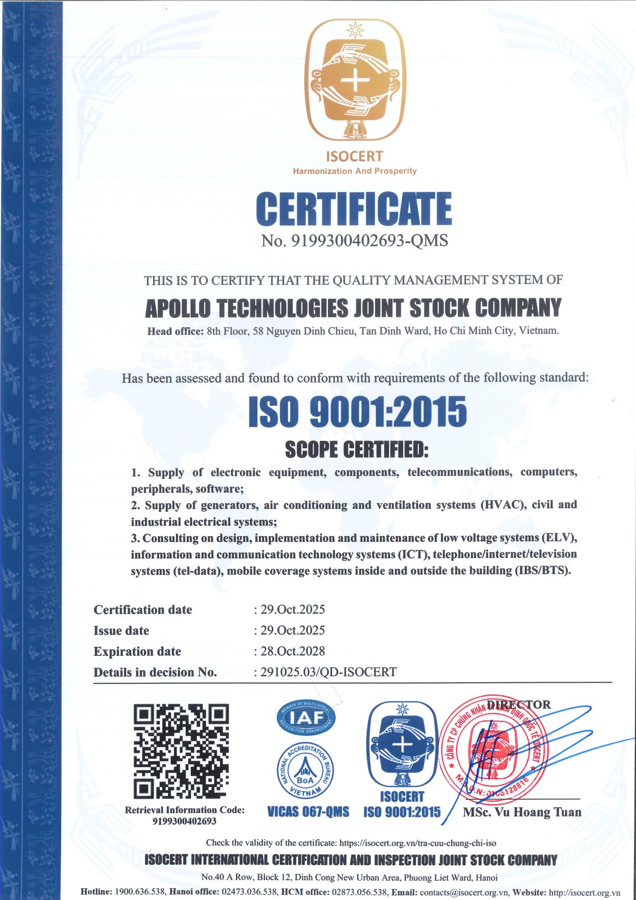 ISO 9001:2015 Certificate - Apollo Technologies ISOCERT